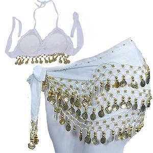 White belly dancing two piece with gold coins